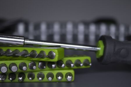 A set of building tools and instruments for repair in black and green colour. Must-have for men....