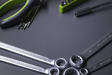 A set of building tools and instruments for repair in black and green colour. Must-have for men....