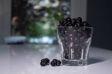 transparent glass with currants on a white table in a gray kitchen. High quality photoの写真素材
