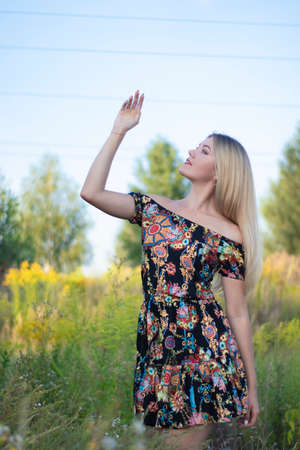 overlight bright portrait of a charming attractive blonde in flowery dress in the field.の写真素材