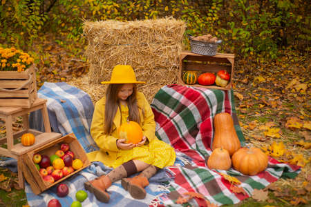 cute beautiful teenage brunette girl in an orange hat, dress and coat next to autumn decorations - pumpkins, apples, blankets, hay. Cosiness.の写真素材