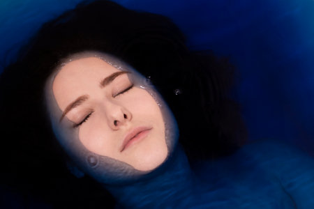 portrait of attractive brunette woman topless in blue liquid. in bathtub with colored water. drowning girl. copy spaceの写真素材