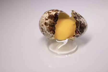 broken Quail egg isolated on white background with leaking white and yolk. healthy raw food.の写真素材