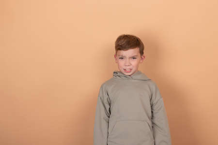 emotional portrait of a young boy teenager. charming school boy. beautiful kid. on light brown background.の写真素材
