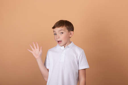 Portrait of school boy with facial expression isolated over light brown background. Concept of feelings, youth, fashion, facial expression, emotions, lifestyle, ad.の写真素材