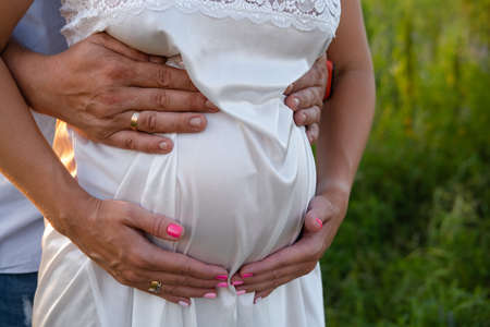 hands on a pregnant belly. husband and wife touching caressing a big pregnant tummy.の写真素材