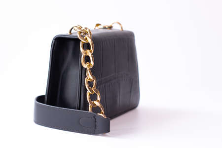 trendy black leather handbag isolated on white background. product photography. bags and purses for women.の写真素材