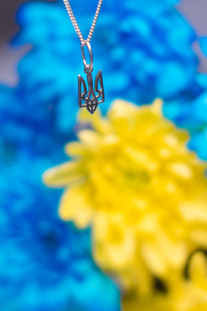 Ukrainian symbol trident on the background of blue and yellow chrysanthemums. War in Ukraine 2022. State coat of arms of Ukraine. Symbol of Ukraineの写真素材