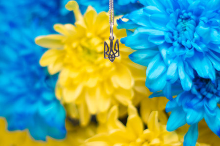 Ukrainian symbol trident on the background of blue and yellow chrysanthemums. War in Ukraine 2022. State coat of arms of Ukraine. Symbol of Ukraineの写真素材