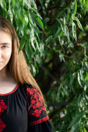 girl in national traditional ukrainian clothes. black and red embroidered dress. woman model posing...
