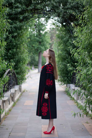 girl in national traditional ukrainian clothes. black and red embroidered dress. woman model posing...