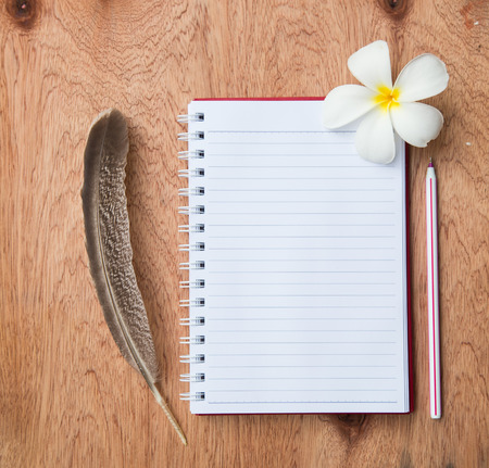 blank notebook with brown Feather and flower and pen on wooden tableの写真素材