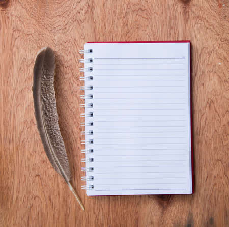 blank notebook with brown Feather  on wooden tableの写真素材