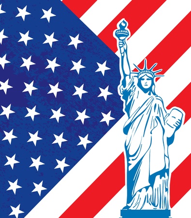 Liberty statue and American flagのイラスト素材