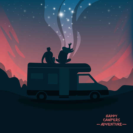 Young happy couple on the background of the starry sky. The concept of camping. Vector illustration.のイラスト素材