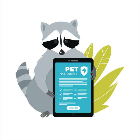 Raccoon holding a tablet with an insurance policy. Animal and pet insurance concept. Vector illustration.のイラスト素材