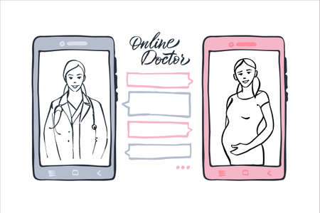Virtual doctor concept. Observation and consultation of an online pregnant woman. Hand drawn illustration.のイラスト素材