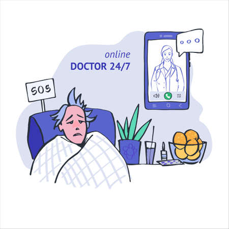 A sick man in his house, needs help illustration, hand drawing.のイラスト素材