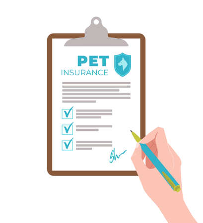 The hand signing the pet insurance contract. Concept of pet insurance. Vector illustration.のイラスト素材