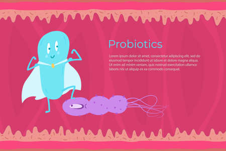 Probiotics pathogenic bacteria against the background of intestinal work. Vector illustration.のイラスト素材
