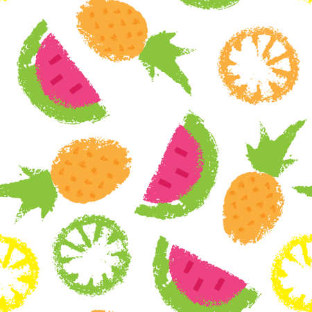 Seamless pattern with stamps tropical fruit. Vector illustration. On white background.のイラスト素材