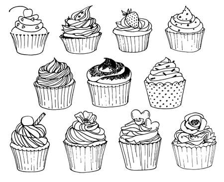 Hand-drawn set with cupcakes on white background. Black-white vector illustration.のイラスト素材