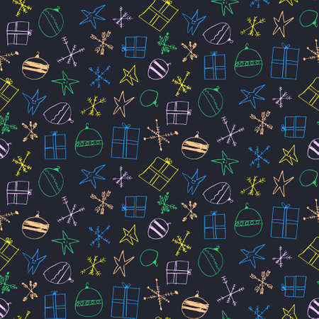 Crayon child's drawing merry christmas pattern. Kids drawing vector seamless background. Naive art.
