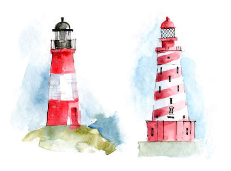 Watercolor hand drawn lighthouses - nautical elementsの写真素材