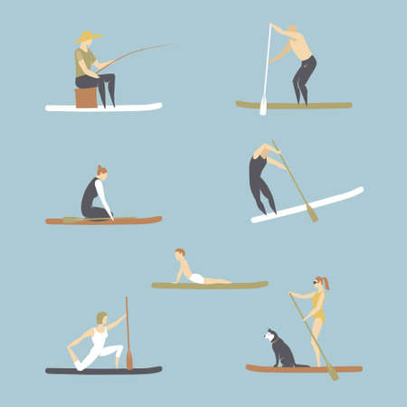 Vector set with people standing on sup boards.のイラスト素材