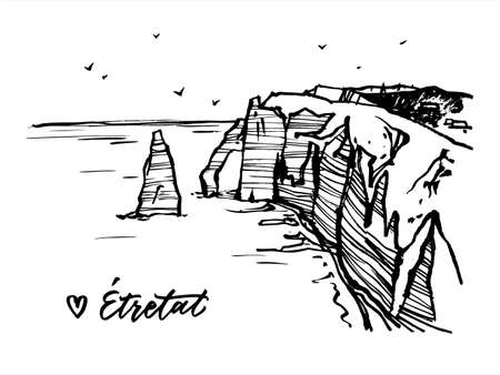 Etretat. Northern France, Normandy, Europe. Landscape. Vector illustration on white background.のイラスト素材