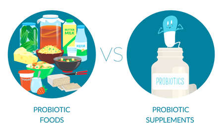 Probiotic Foods vs Probiotic Supplements. Vector illustration.のイラスト素材