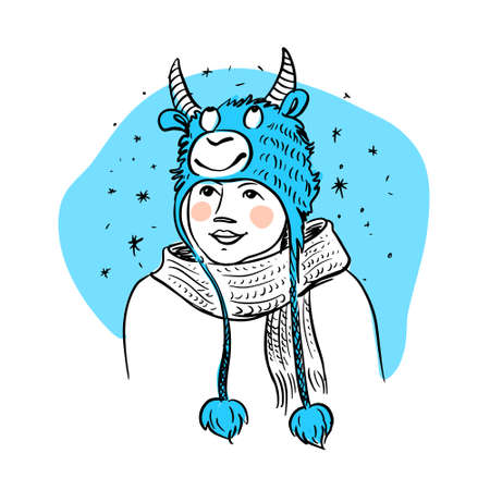 Vector drawing of a girl in a funny winter hat with cow. New year's theme. Vector digital illustration on white background.のイラスト素材