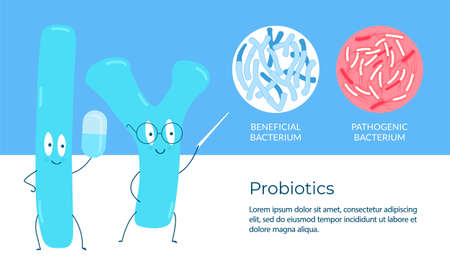 Probiotics concept. Probiotics study positive and pathogenic bacteria. Editable vector illustration. Template for your design.のイラスト素材