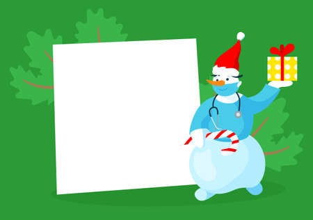Christmas card template with snowman doctor. Editable vector illustration in bright vibrant colors.のイラスト素材