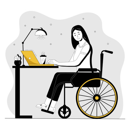 Wheelchair woman working with laptop. Disabled young woman in wheelchair working in the office or online from home. Vector illustration.のイラスト素材