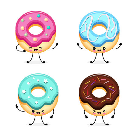 Set of sweet donuts kawaii. Happy cute smiling donuts. Flat vector illustration with cute and funny food characters in style kawaii.のイラスト素材