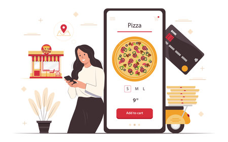 Food online order smartphone. Pizza delivery. Girl ordering pizza online.のイラスト素材