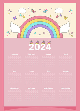 Calendar 2024 pink for a child with elements of unicorn.のイラスト素材