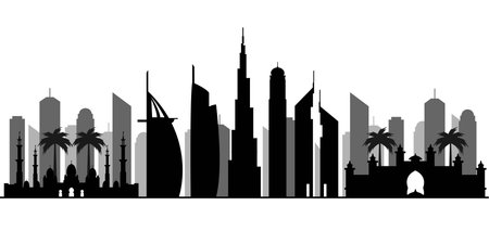 Dubai silhouette. Emirates skyline. United Arab Emirates skyscraper buildings silhouette.のイラスト素材