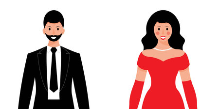 Man and woman. Man in evening suit. Man in black tuxedo. Woman in red dress. Woman in evening dress.のイラスト素材
