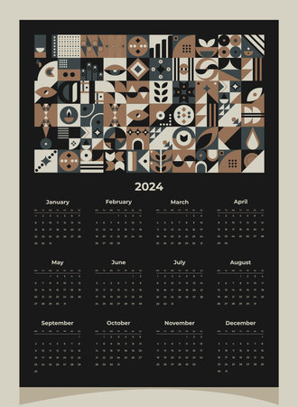 Calendar 2024 geometric patterns. Calendar for 2024 year with geometric shapes.のイラスト素材