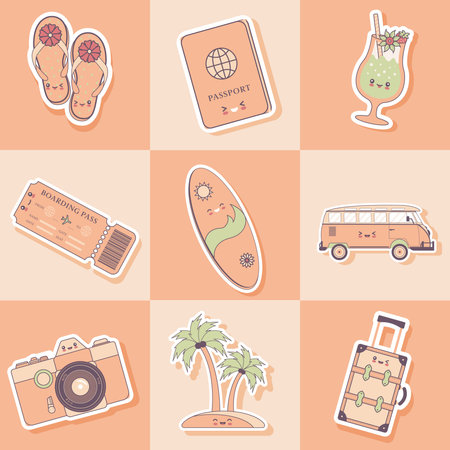 Travel stickers. Set of travelling stickers in style kawaii. Cのイラスト素材