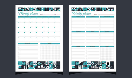 Planners set geometry. Weekly and monthly planners. Planners printable template with geometric shapes.のイラスト素材