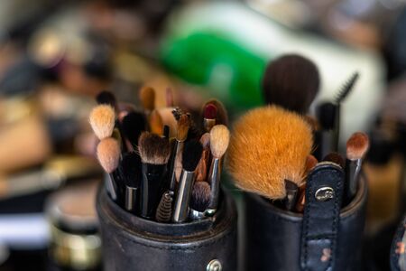 Raamla, Israel - 10.16.2018. Set of make-up tools, brushes, eye shadows and other accessories