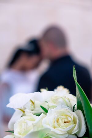 Bright cposeup photo of Wedding white rose bouqetの写真素材