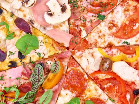 Different Pizza slices closeup photo. Prepared, delivery