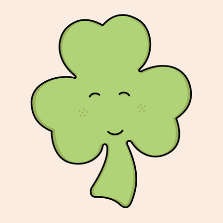 Cute green clover character for kids with eyes, mouth and freckles filled illustration. Minimalistic editable vector ready for illustrate educative and Saint Patrick's Day projectsのイラスト素材