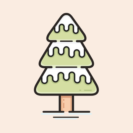 Pine tree with brown wood trunk, green crown and white snow filled vector icon. Cute and iconic snow tree in winter line art illustration.のイラスト素材