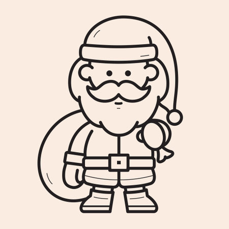 Santa Claus full body cute character holding a gifts bag with santa hat, mustache, long beard, mittens, belt, shoes and happy mood vector outline icon.のイラスト素材