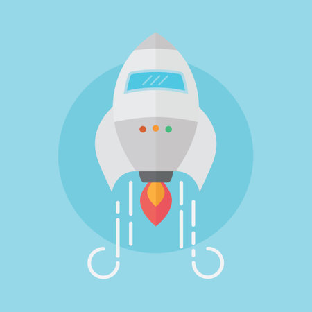 Flying rocket with 3 browser dots concept, metallic gray color, fins and fire engine at bottom. Vector flat illustration for web or app launch concept.のイラスト素材